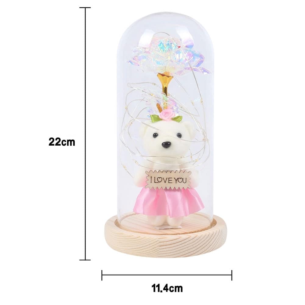 Ourson avec rose eternelle sous cloche + LED – Image 5