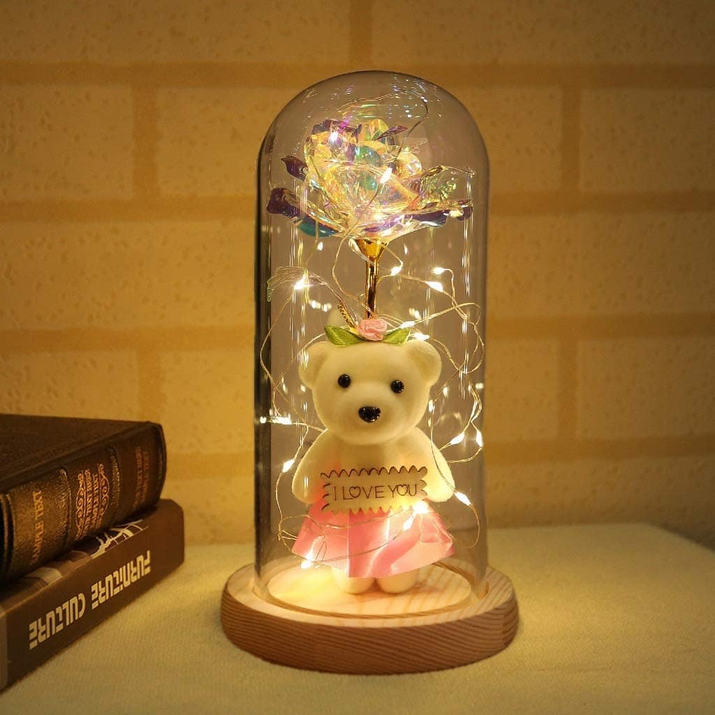 Ourson avec rose eternelle sous cloche + LED